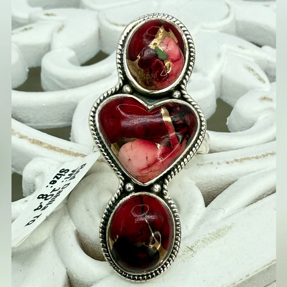 Sterling Silver Red Dahlia Turquoise Triple Stone Statement Ring – Size 8 (10.4g